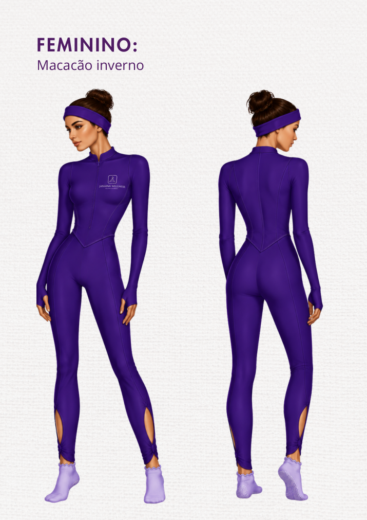 Macacão inverno feminino da coleção Janaína Wellness, frente e costas