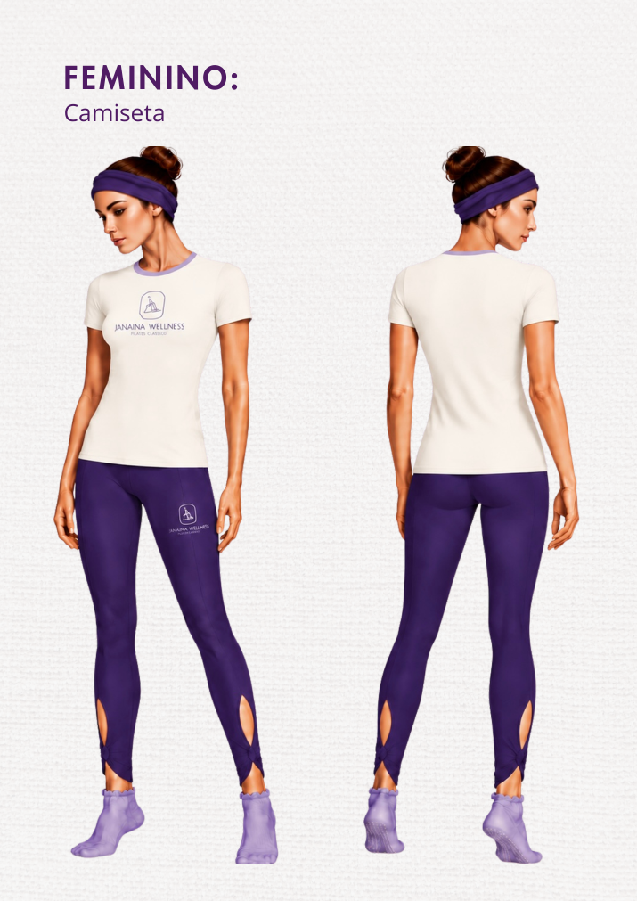Camiseta feminina da coleção Janaína Wellness, frente e costas